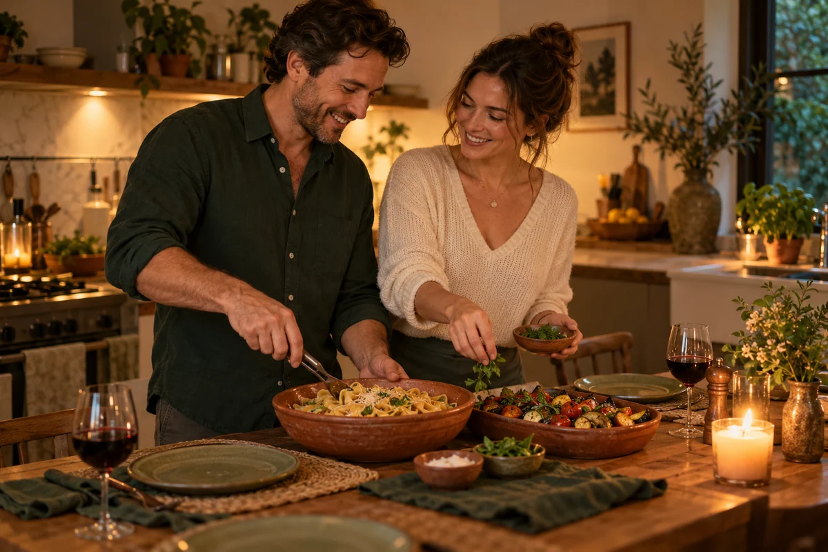 Gemeinsam zubereitetes Essen und ein gedeckter Tisch für zwei.